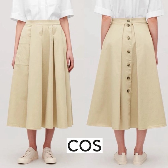 COS A-Line Skirt with Buttons Light Tan Beige Midi Skirt US 2 Minimalist Modest - Picture 1 of 16